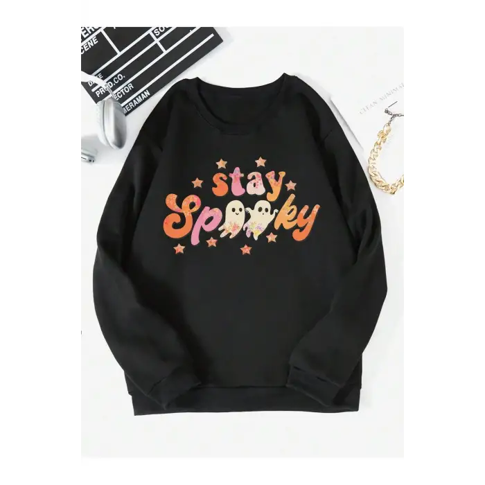 Halloween Letter Graphic Lined Sweatshirt Siyah