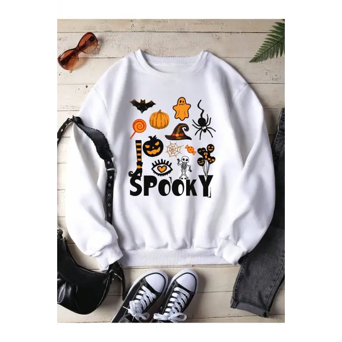 Halloween Print Lined Sweatshirt Beyaz