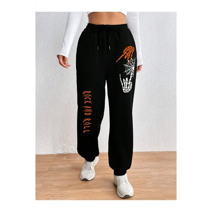 Halloween Skeleton Hand & Letter Graphic Drawstring Waist 4 Mevsim Eşofman