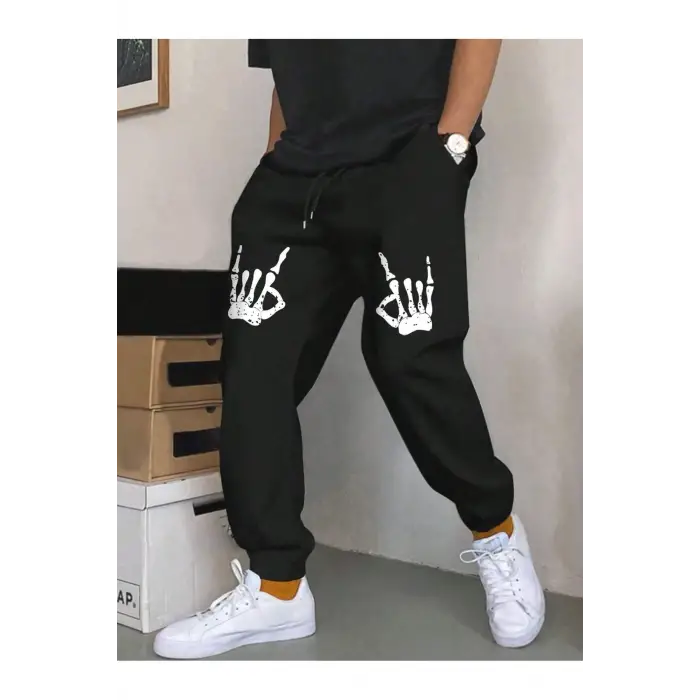 Halloween Skeleton Hand Print Drawstring Waist Eşofman Altı
