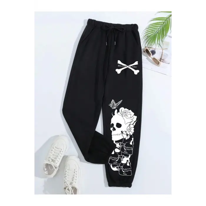 Halloween Skull Print Drawstring Waist 4 Mevsim Eşofman