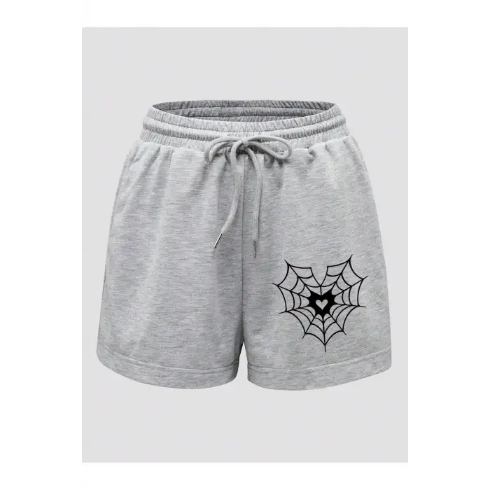 Halloween Spider Web & Heart Print Drawstring Waist Şort