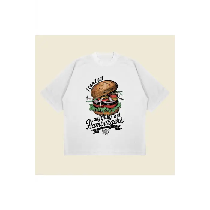 Hamburger Baskılı Oversize Unisex Pamuklu Nefes Alan Kalın Kumaşlı