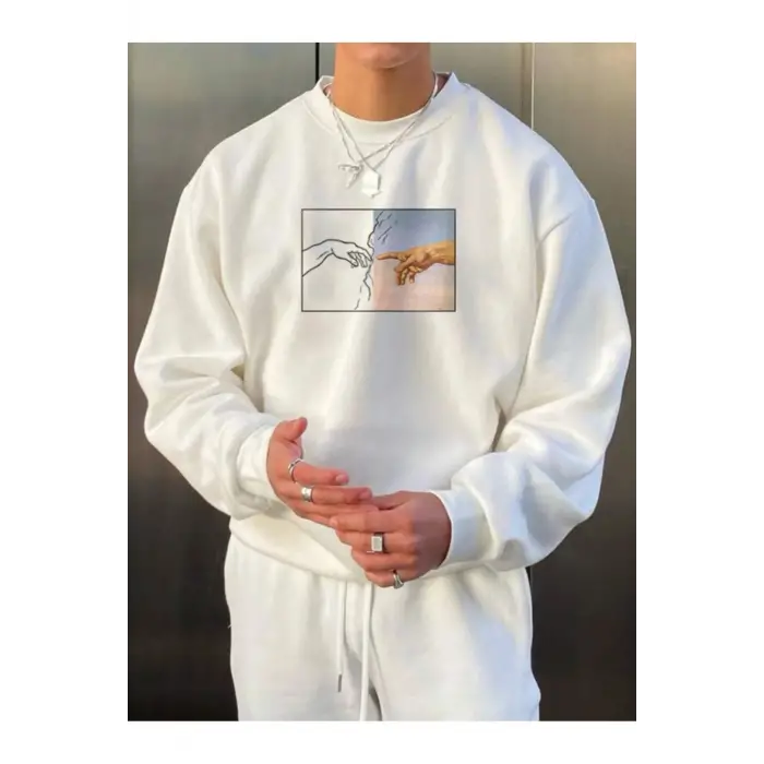 Hands Renkli Oversize Bisiklet Yaka Pamuklu Sweatshirt Beyaz