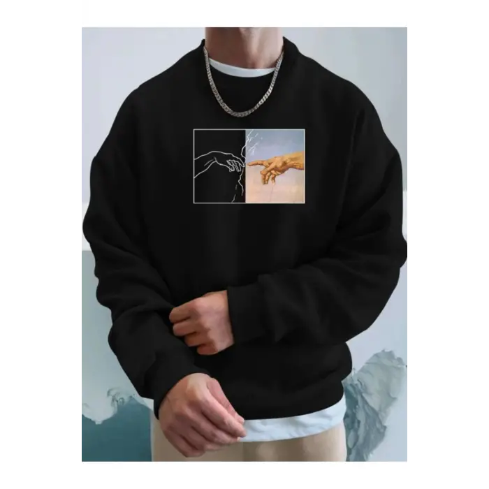 Hands Renkli Oversize Bisiklet Yaka Pamuklu Sweatshirt Siyah