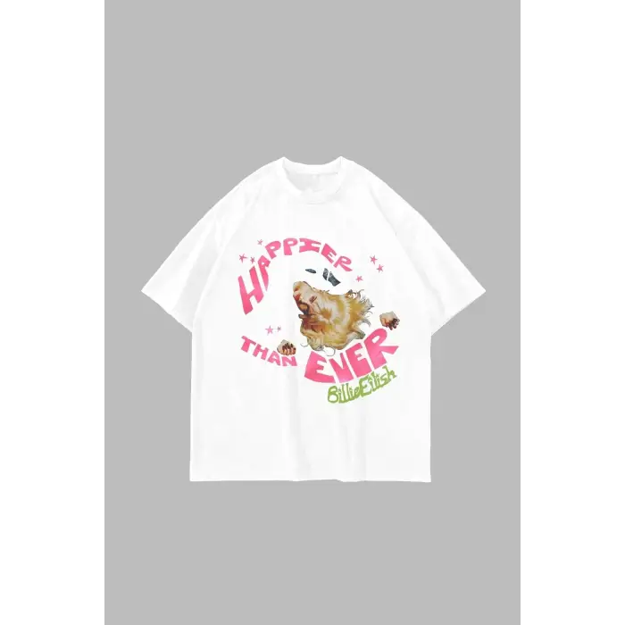 Happier Than Ever Baskılı Oversize Unisex Beyaz