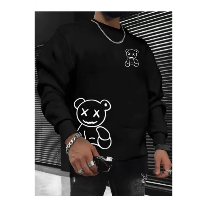 Happy Bear Oversize Bisiklet Yaka Pamuklu Sweatshirt Siyah