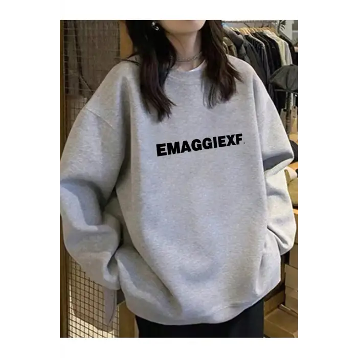 Harfli Grafik Düşük Omuz Oversize Sweat Gri