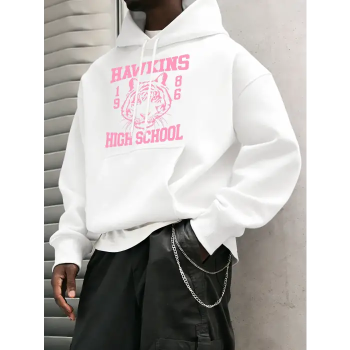 Hawkins Lisesi 1986 Desen Erkekler Temel Kapüşonlular Cep Vintage Üstler Günlük Moda Uzun Kol