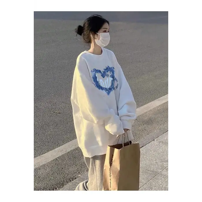 Heart Pattern Drop Shoulder Pullover Beyaz