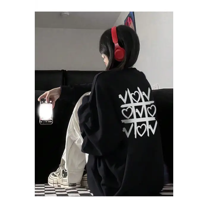 Heart Pattern Drop Shoulder Pullover Siyah