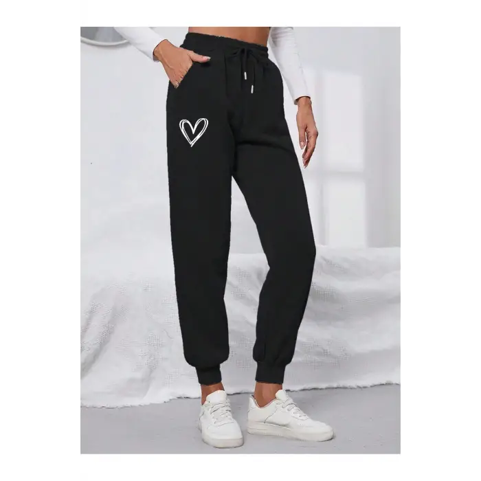 Heart Print Drawstring Waist 4 Mevsim Eşofman