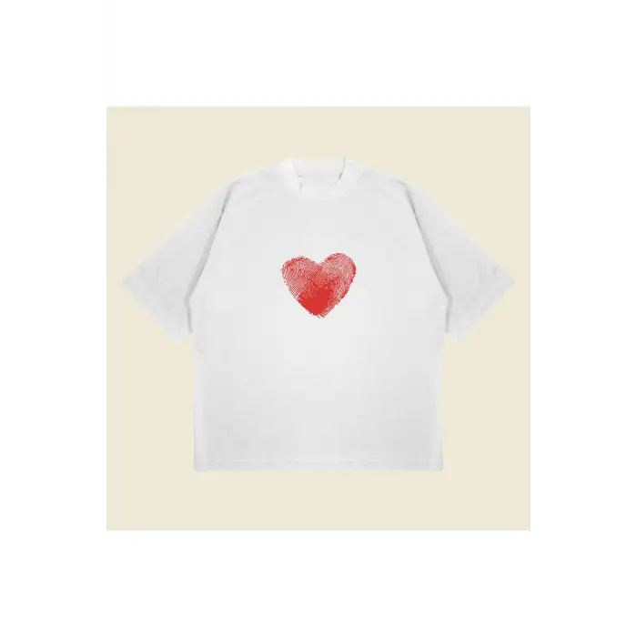 Heartprint Baskılı Oversize Unisex Pamuklu Nefes Alan Kalın Kumaşlı
