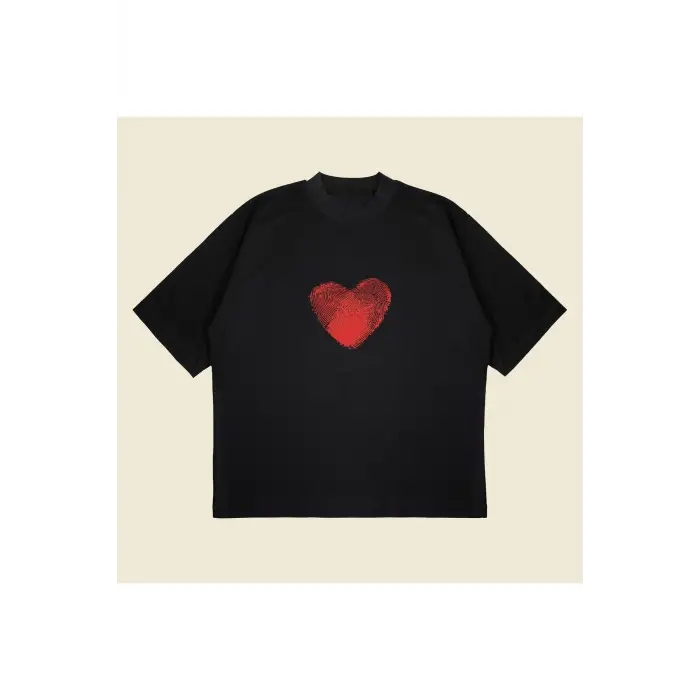 Heartprint Baskılı Oversize Unisex Pamuklu Nefes Alan Kalın Kumaşlı
