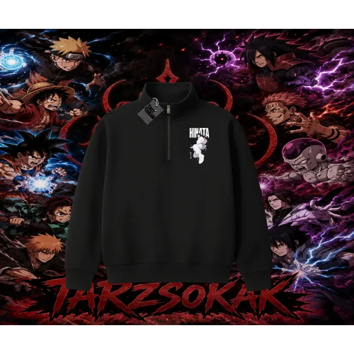 Hinata Hyuga Naruto Anime Karakteri Unisex Polo Yaka Yarım Fermuarlı Sweatshirt Beyaz