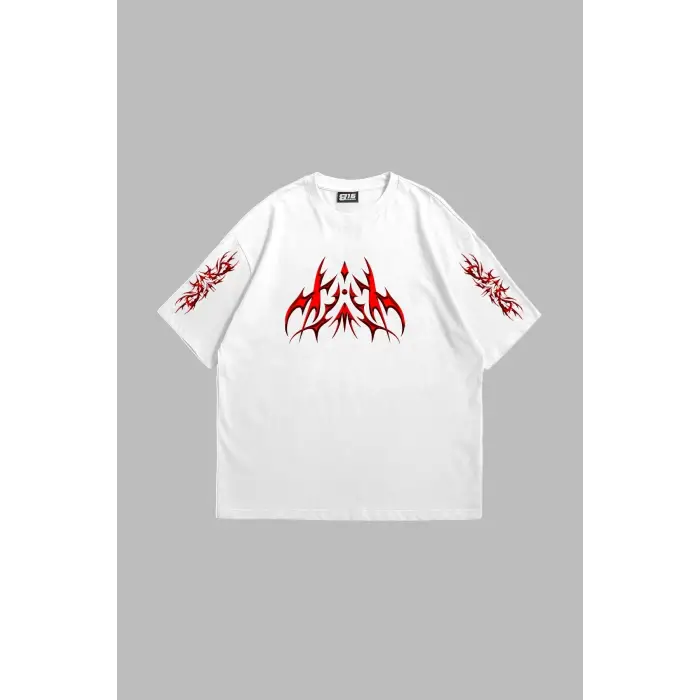 Holographic Red Baskılı Oversize Unisex Beyaz