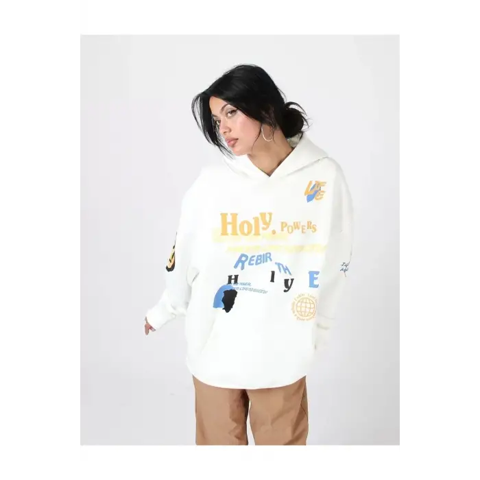 Holy Powers Beyaz Oversize Unisex Kapüşonlu