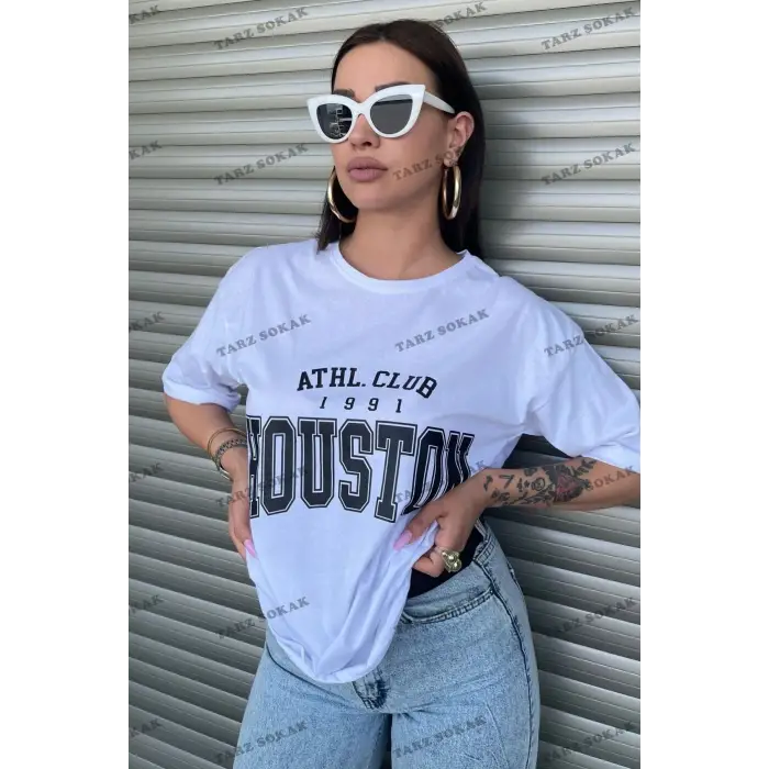 Houston Baskılı Kadın Oversize Beyaz