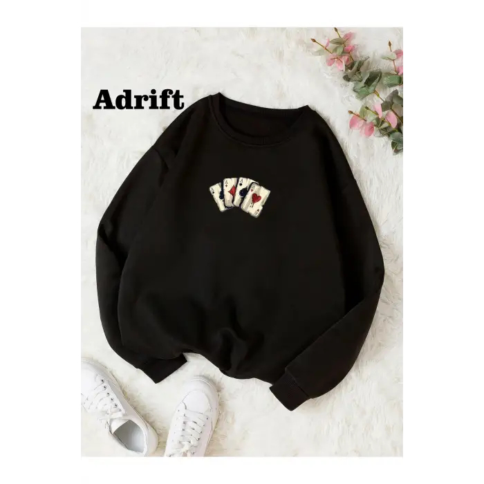 İskambil Renkli Oversize Bisiklet Yaka Pamuklu Sweatshirt Siyah