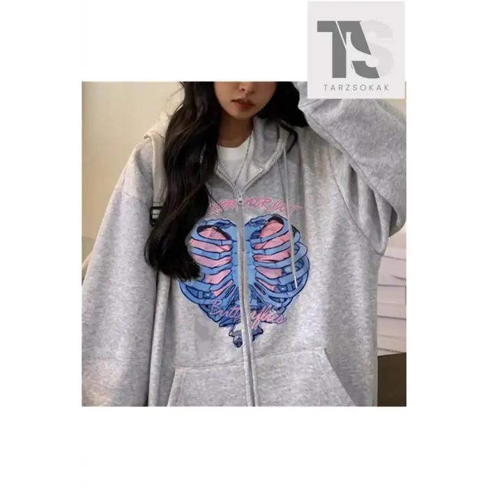 İskelet Kalp Sweatshirt Fermuarlı Hırka