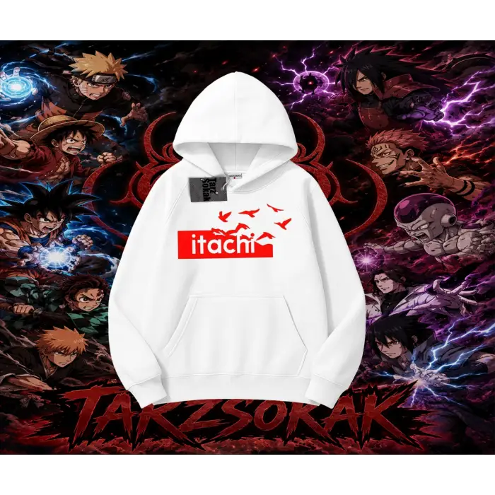 Itachi Uchiha Naruto Anime Karakteri Oversize Unisex Kapşonlu Sweatshirt Beyaz