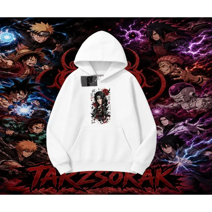 Itachi Uchiha Naruto Anime Karakteri Oversize Unisex Kapşonlu Sweatshirt Beyaz