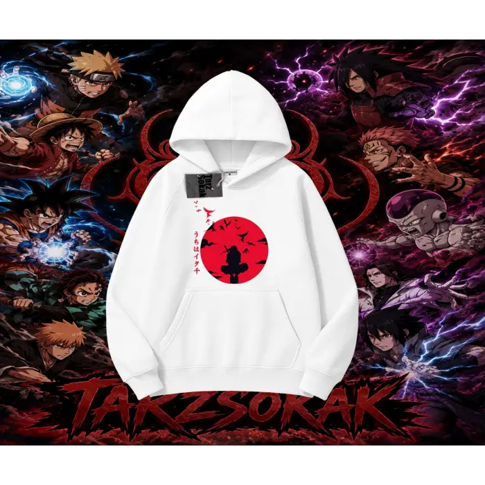 Itachi Uchiha Naruto Anime Karakteri Oversize Unisex Kapşonlu Sweatshirt Beyaz