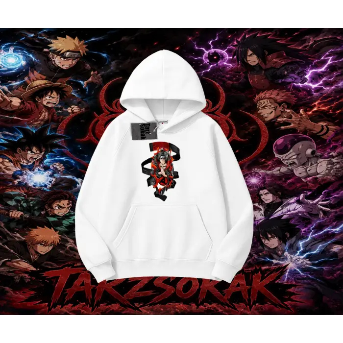 Itachi Uchiha Naruto Anime Karakteri Oversize Unisex Kapşonlu Sweatshirt Beyaz