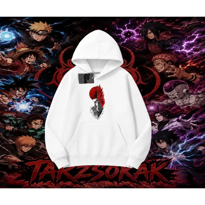 Itachi Uchiha Naruto Anime Karakteri Oversize Unisex Kapşonlu Sweatshirt Beyaz