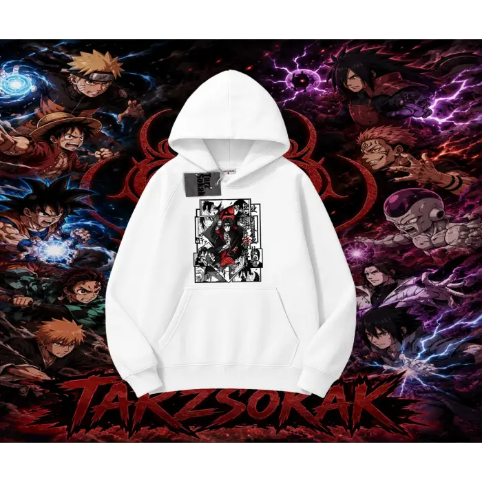 Itachi Uchiha Naruto Anime Karakteri Oversize Unisex Kapşonlu Sweatshirt Beyaz