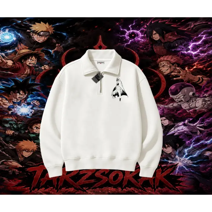 Itachi Uchiha Naruto Anime Karakteri Unisex Polo Yaka Yarım Fermuarlı Sweatshirt Beyaz