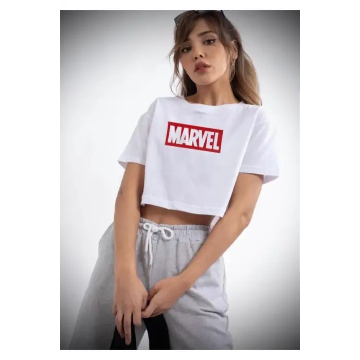 Kadın Baskılı Yuvarlak Yaka Crop Tshirt