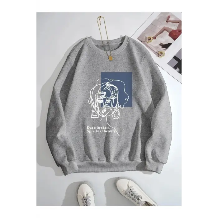Kadın Beauty Baskılı Oversize Bisiklet Yaka Sweatshirt Gri