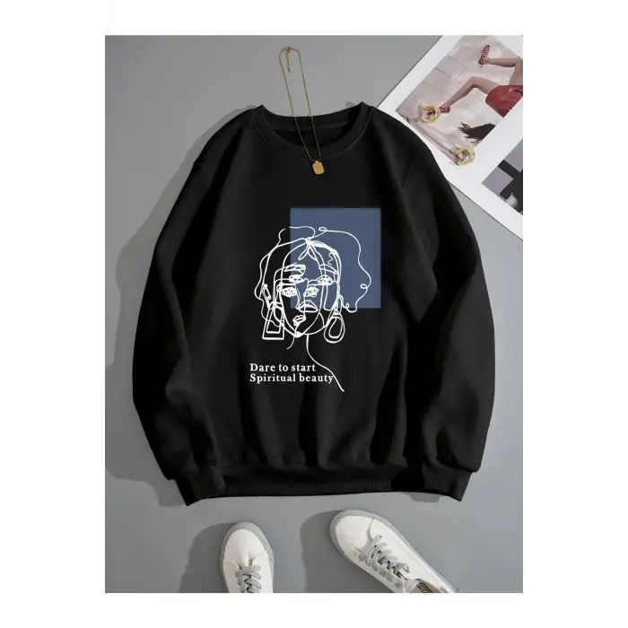 Kadın Beauty Baskılı Oversize Bisiklet Yaka Sweatshirt Siyah