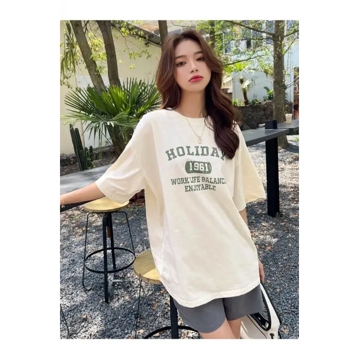 Kadın Bej Holıday Baskılı Bisiklet Yaka Tshirt