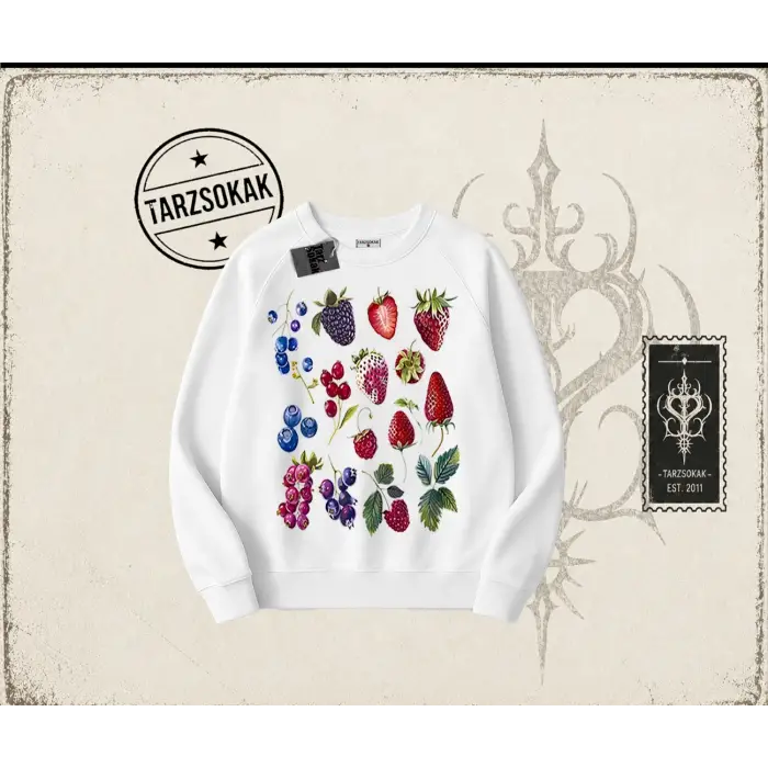 Kadın Berries Oversize Unisex Bisiklet Yaka Sweatshirt Beyaz