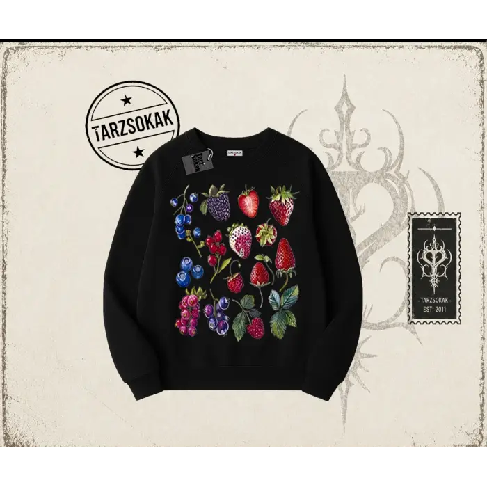 Kadın Berries Oversize Unisex Bisiklet Yaka Sweatshirt Beyaz