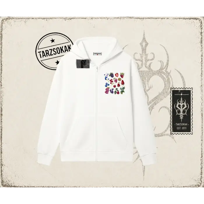 Kadın Berries Oversize Unisex Hırka & Çeket Fermuarlı Sweatshirt Beyaz