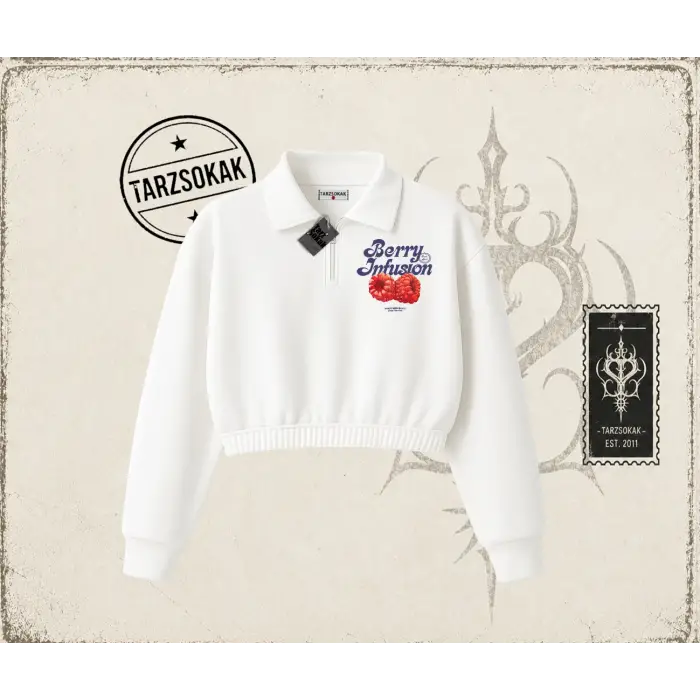 Kadın Berry Infusion Kadın Crop Polo Yaka Yarım Fermuarlı Sweatshirt Beyaz