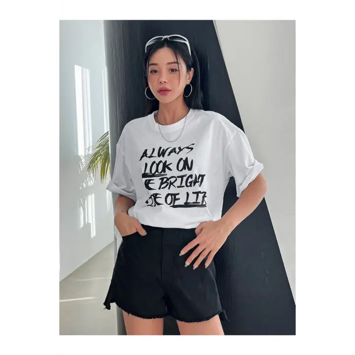 Kadın Beyaz Always Baskılı Oversize Bisiklet Yaka Tshirt