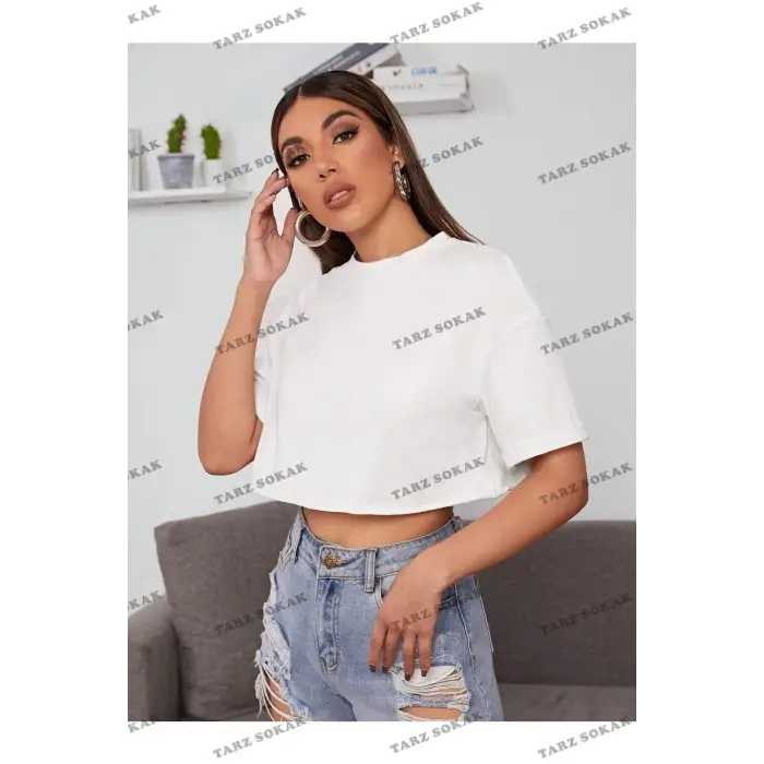 Kadın Beyaz Bisiklet Yaka Oversize Crop