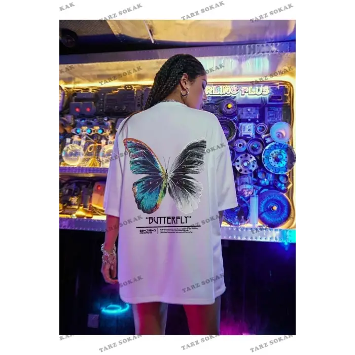Kadın Beyaz Butterfly Ön Arka Baskılı Oversize