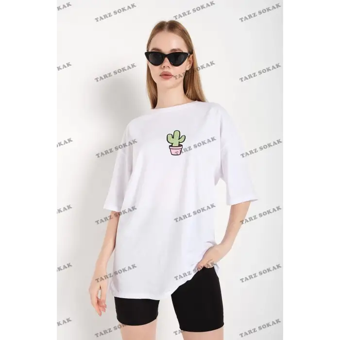 Kadın Beyaz Cactus Logo Baskılı Oversize