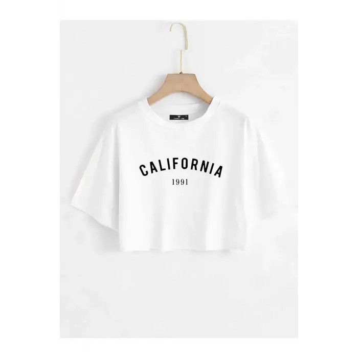 Kadın Beyaz California Baskılı Oversize Crop