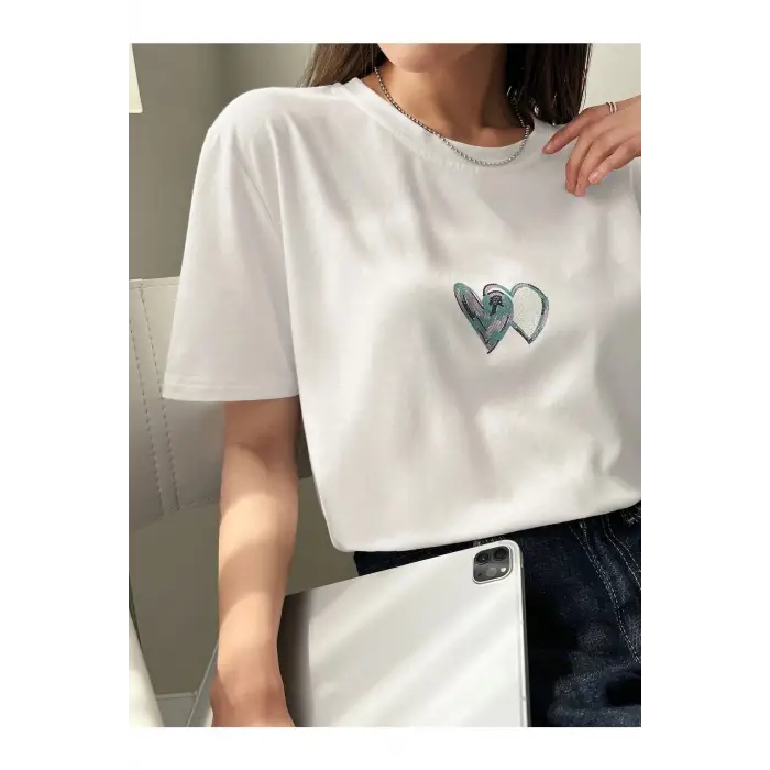 Kadın Beyaz Çift Heart Baskılı Oversize T-shirt