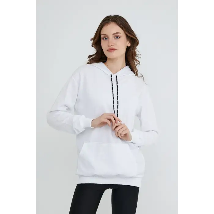 Kadın Beyaz Kapüşonlu Kanguru Cep Sweatshirt