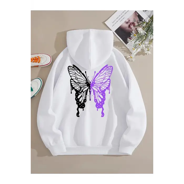 Kadın Beyaz Kelebek Baskılı Kapüşonlu Sweatshirt