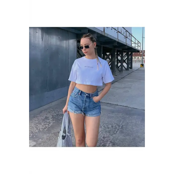 Kadın Beyaz Minimalist Baskılı Oversize Crop