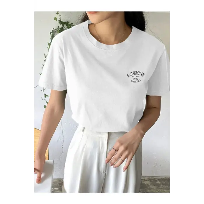 Kadın Beyaz Sunshine Baskılı Oversize Tişört