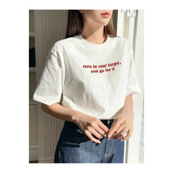 Kadın Beyaz Zero In Your Target Baskılı Oversize T-Shirt